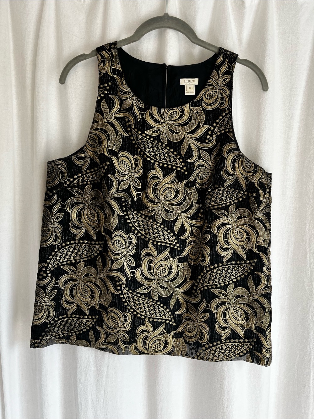 J. Crew Black Sleeveless Top with Gold Floral Jacquard